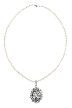 Perlencollier Creme Mit Ovalem Anhänger Mit 3 Farbigen Steinen 003921