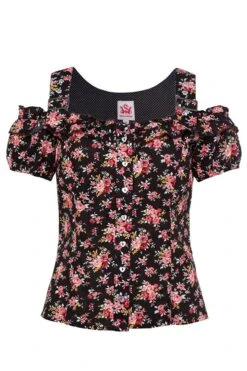 Spieth & Wensky Trachtenbluse Kurzarm Schwarz Rot Geblümt Mit Carmenärmeln 005998