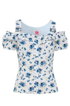 Spieth & Wensky Trachtenbluse Kurzarm Weiß Blau Geblümt Mit Carmenärmeln 006000