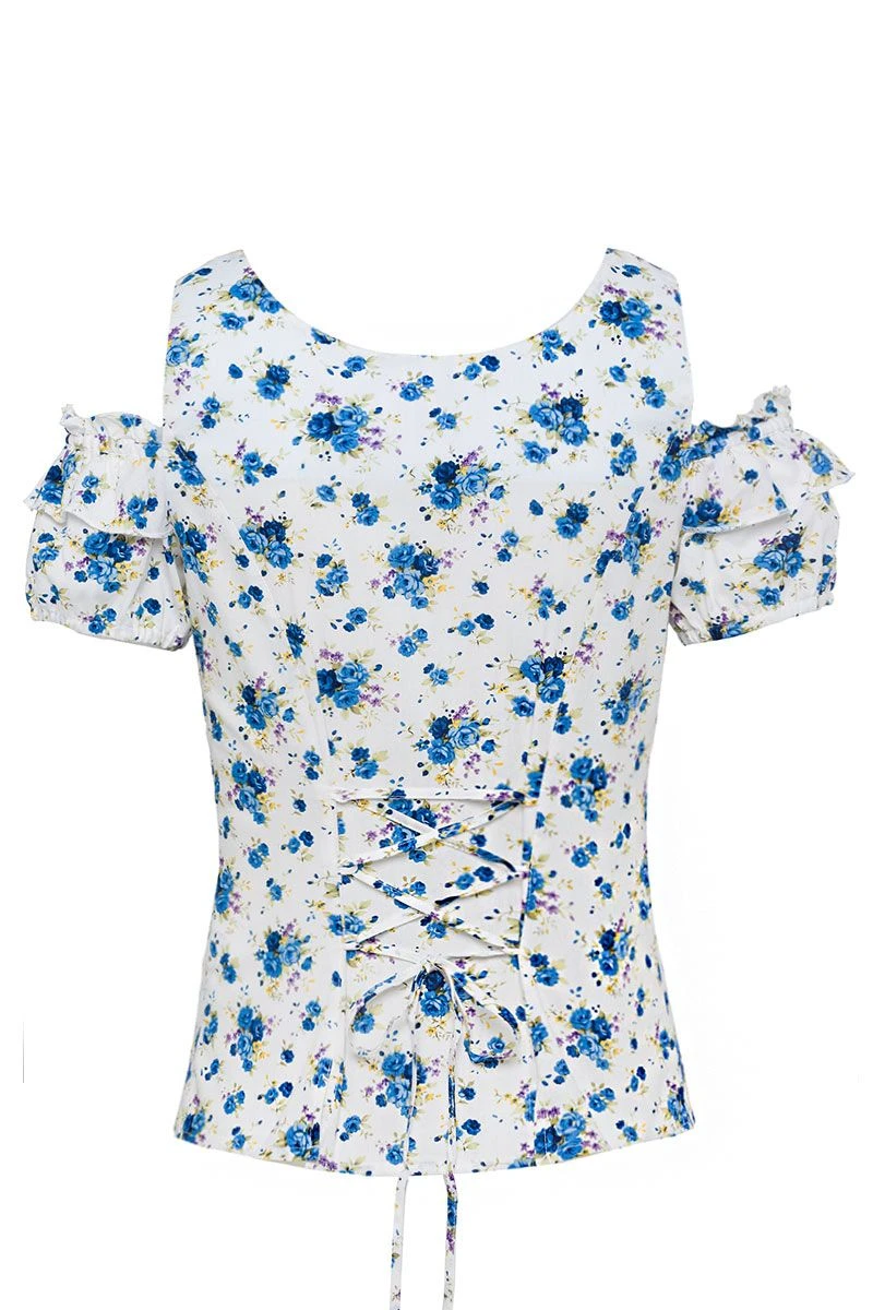 Spieth & Wensky Trachtenbluse Kurzarm Weiß Blau Geblümt Mit Carmenärmeln 006000 2 Spieth & Wensky Trachtenbluse Kurzarm Weiß Blau Geblümt Mit Carmenärmeln 006000 – Bild 2