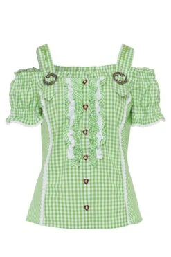 Trachtenbluse Kurzarm Hellgrün Kariert Mit Carmenärmeln 002288