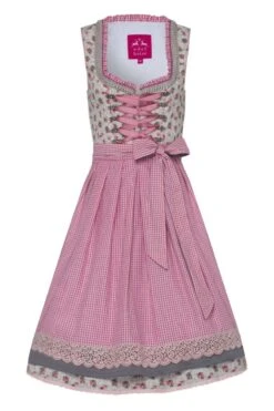 Mini Dirndl 60cm Grau Geblümt Rosa Karo Kalina 005623
