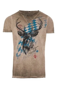 Trachtenshirt Kurzarm Braun Mit Rauten Und Hirsch Bavaria 006567