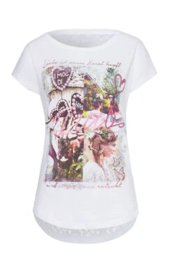 Trachtenshirt Kurzarm Weiß Mit Spitze Und Großem Aufdruck Iska 008765