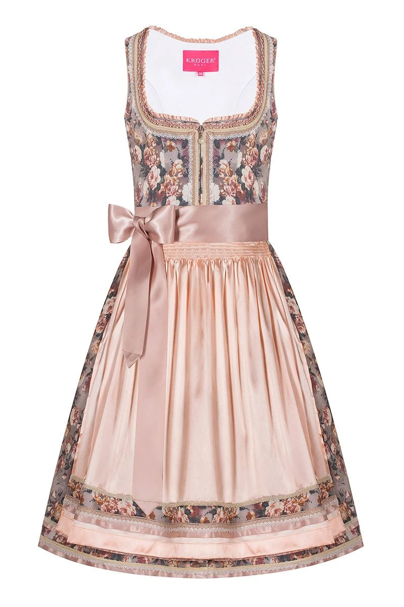 Mini Dirndl 60cm Taupe Mit Blumendruck Apricot 007028 1 Mini Dirndl 60cm Taupe Mit Blumendruck Apricot 007028