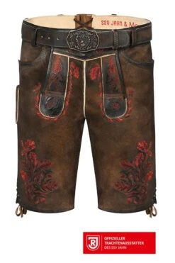 Lederhose Kurz Mit Gürtel Braun Rot Bestickt SSV Jahn Regensburg 009809