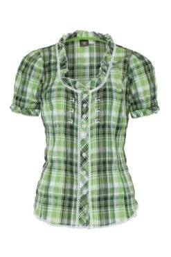Trachtenbluse Kurzarm Grün Kariert Stretch 002618