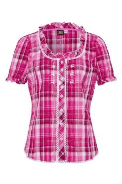 Trachtenbluse Kurzarm Pink Kariert Stretch 002617