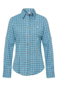 Trachtenbluse Langarm Türkis Dunkelblau Karo 008544