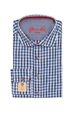 Trachtenhemd Langarm Blau Weiß Kariert Slimfit 001815