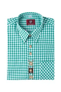 Trachtenhemd Langarm Grün Karo Mit Applikationen 112144