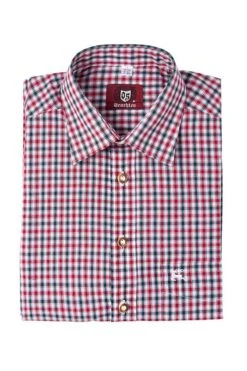 Trachtenhemd Langarm Rot Dunkelgrün Karo 008549