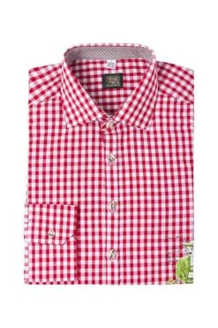 Trachtenhemd Langarm Rot Karo Bedruckt Slimfit 008546