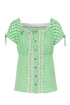 Trachtenbluse Kurzarm Hellgrün Kariert Lina 132420