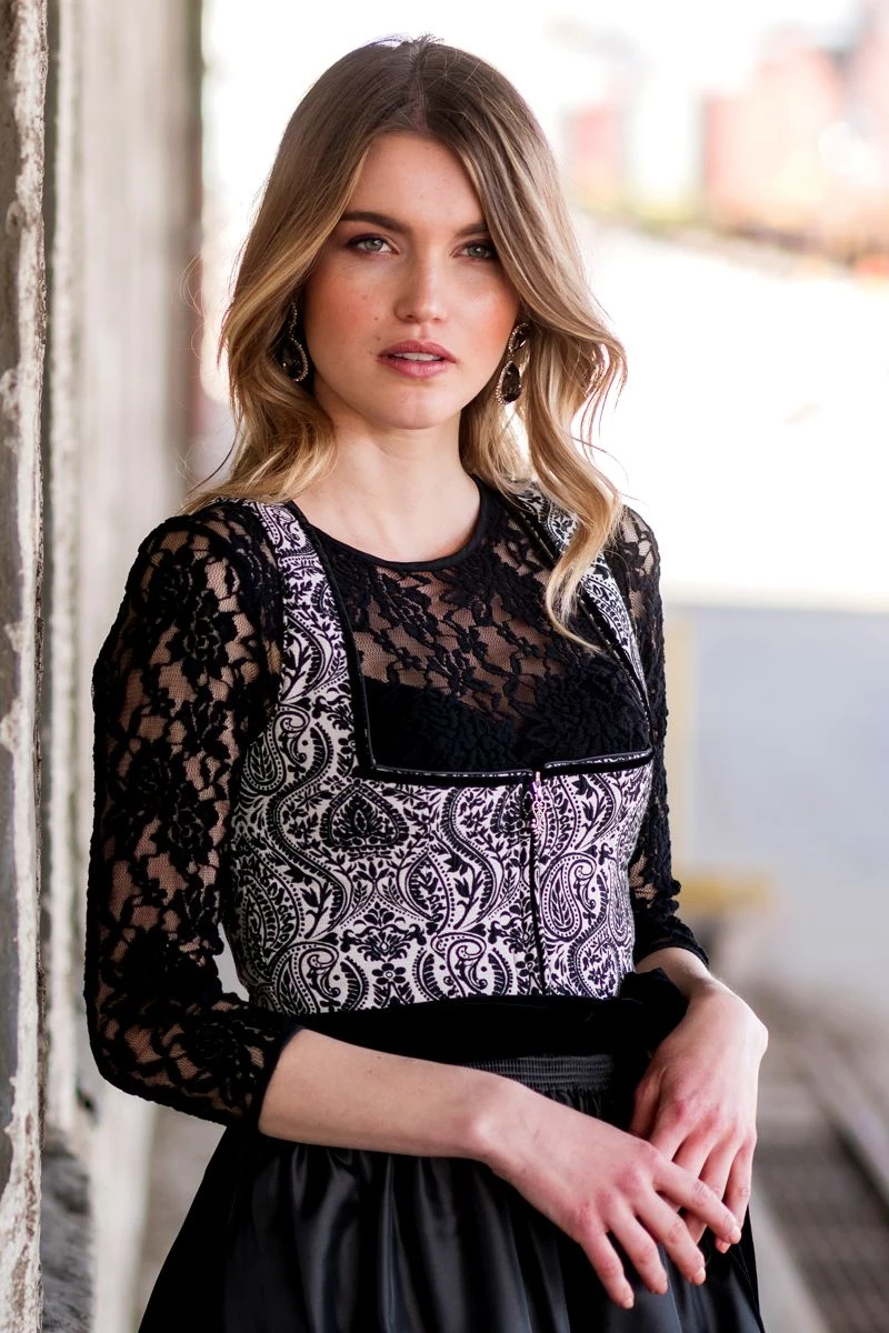 Midi Dirndl 70cm Schwarz Gemustert Stretch Chloe 011800 3 Midi Dirndl 70cm Schwarz Gemustert Stretch Chloe 011800 – Bild 3